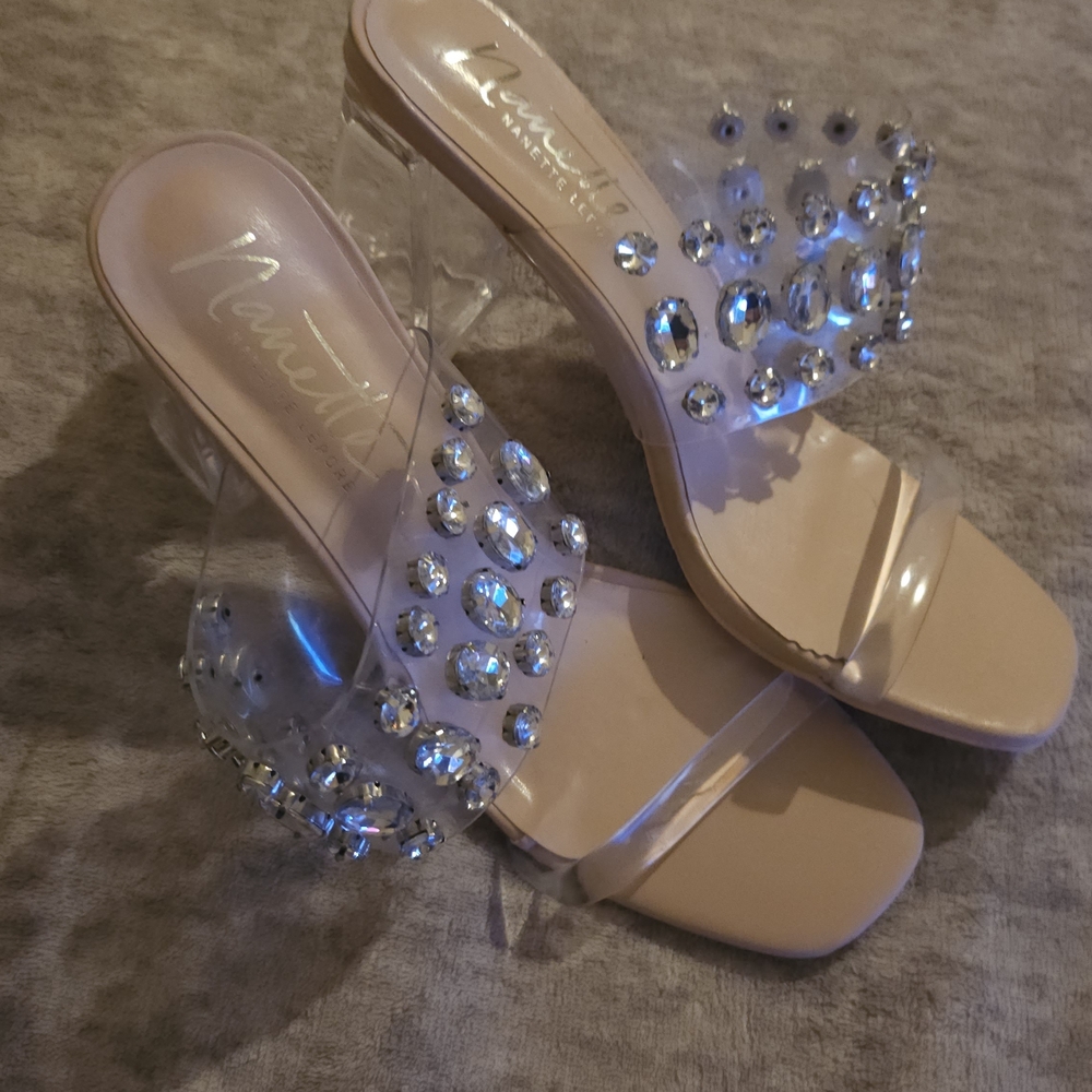 Nanette Lepore Blake Rhinestone Translucent Clear Straps Block Heels Womens 9